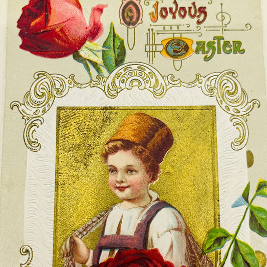 1910s Easter Post Card Embossed Dresden Little Boy Roses Art Deco Gilt PA5