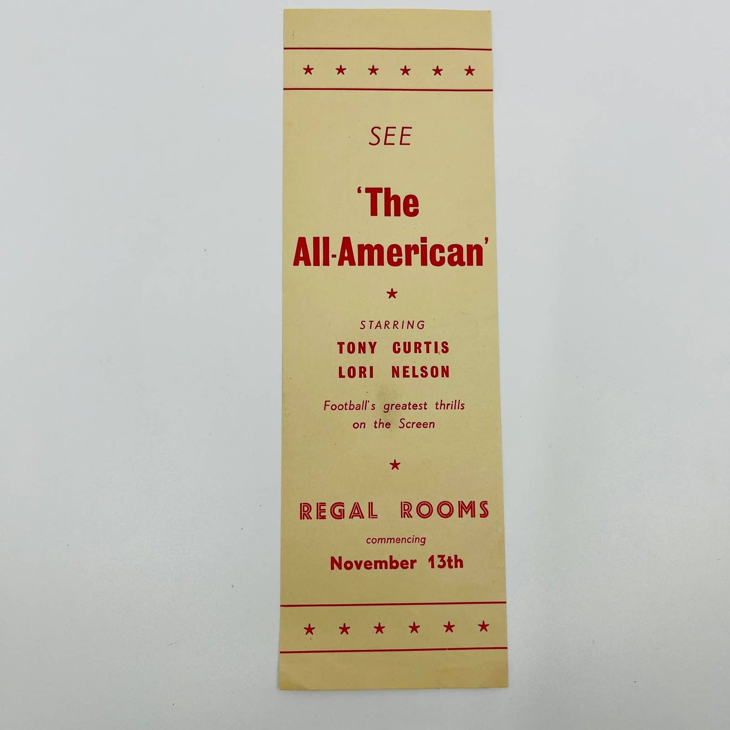 1953 The All American Movie Tony Curtis Advertising Bookmark Flyer SC1