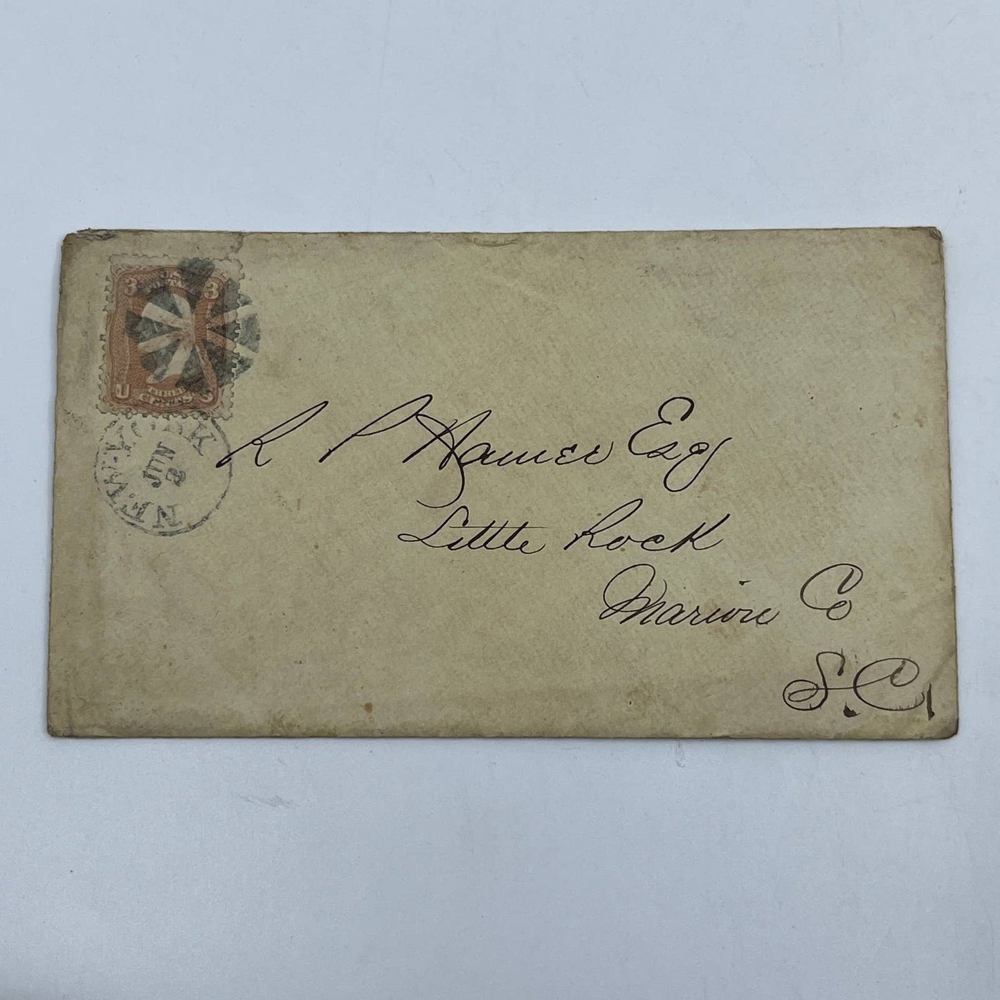 1866 Envelope From NY to Robert P. Hamer Esq. Little Rock SC Marine Co AC2