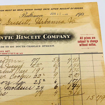 1908 Atlantic Biscuit Company Baltimore MD Billhead Letterhead Receipt AA4