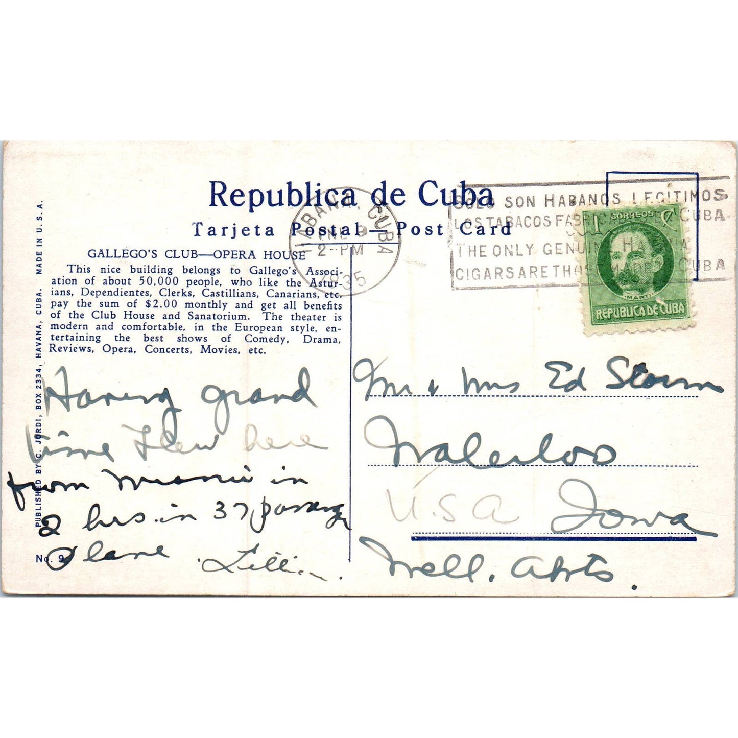 Gallego's Club & Opera House 1939 Havana Cuba Original Postcard TK1-P16