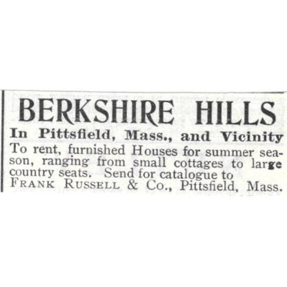 Berkshire Hills Pittsfield Mass Furnished Houses Frank Russell - 1903 Ad TJ8-7-6