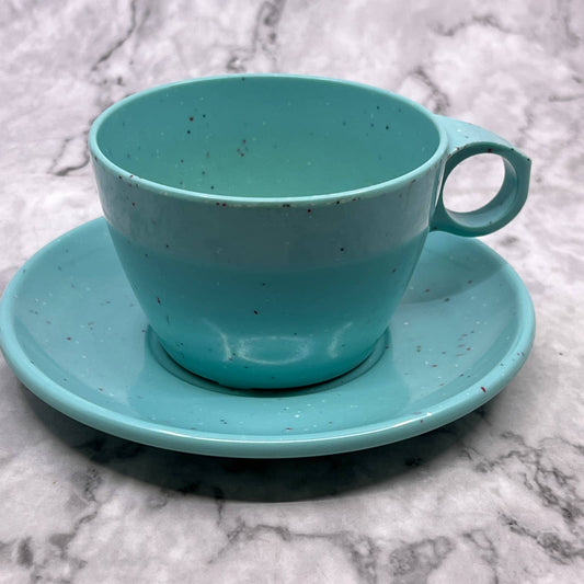 Imperial Ware Speckled Confetti Teal Blue MCM Cup & Saucer Melmac Malamine TA3-1