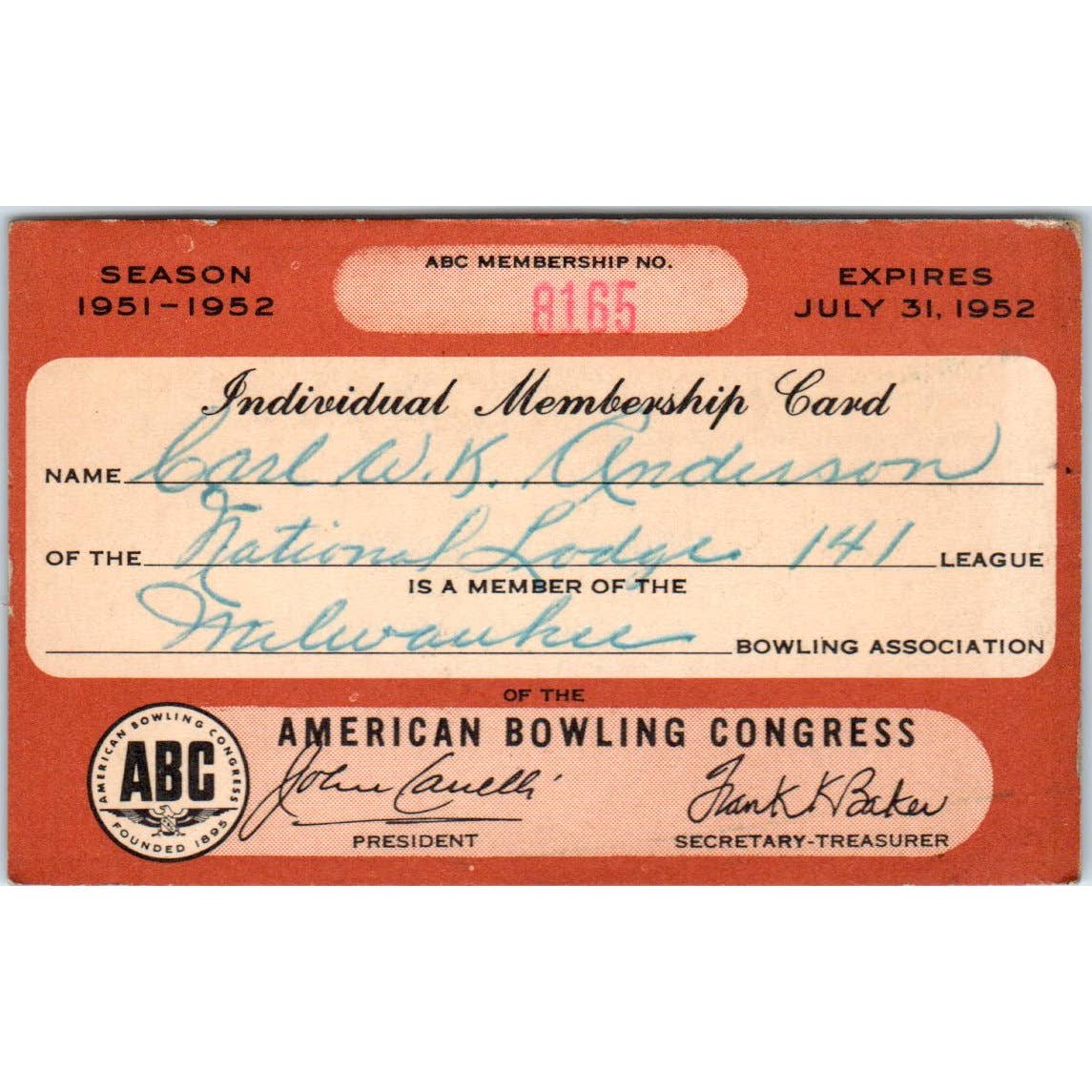 1951 American Bowling Congress Milwaukee Membership Card National Lodge 141 SE5-42