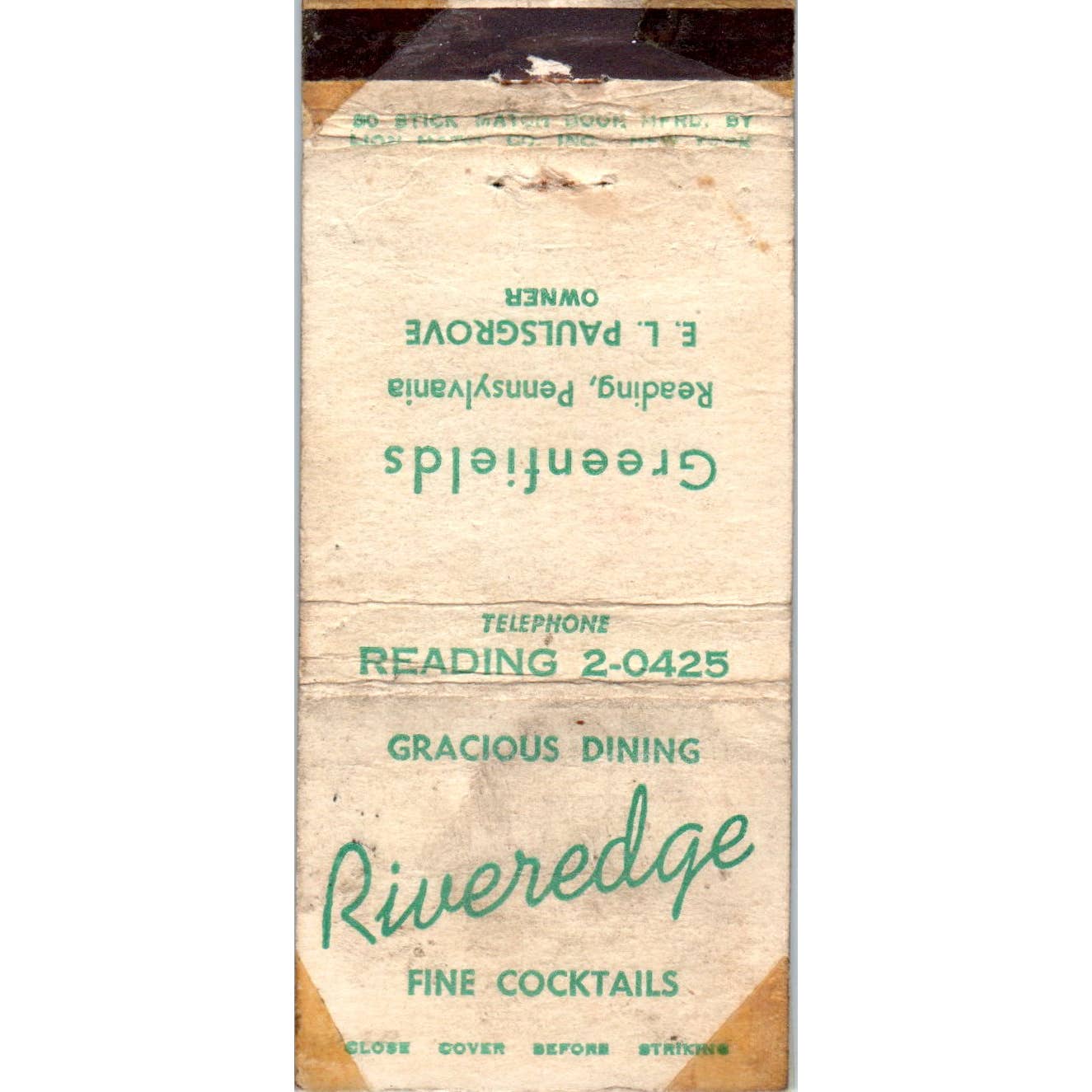 Greenfield's Cocktails Reading PA E.L. Paulsgrove Advertising Matchbook SA1-M7