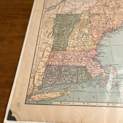 Antique 1907 Map of NEW ENGLAND STATES USA Color 10 x 12” FL5