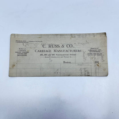 1910s Letterhead C. Russ & Co. Carriage Manufacturers w/ Map Boston MA  AB2