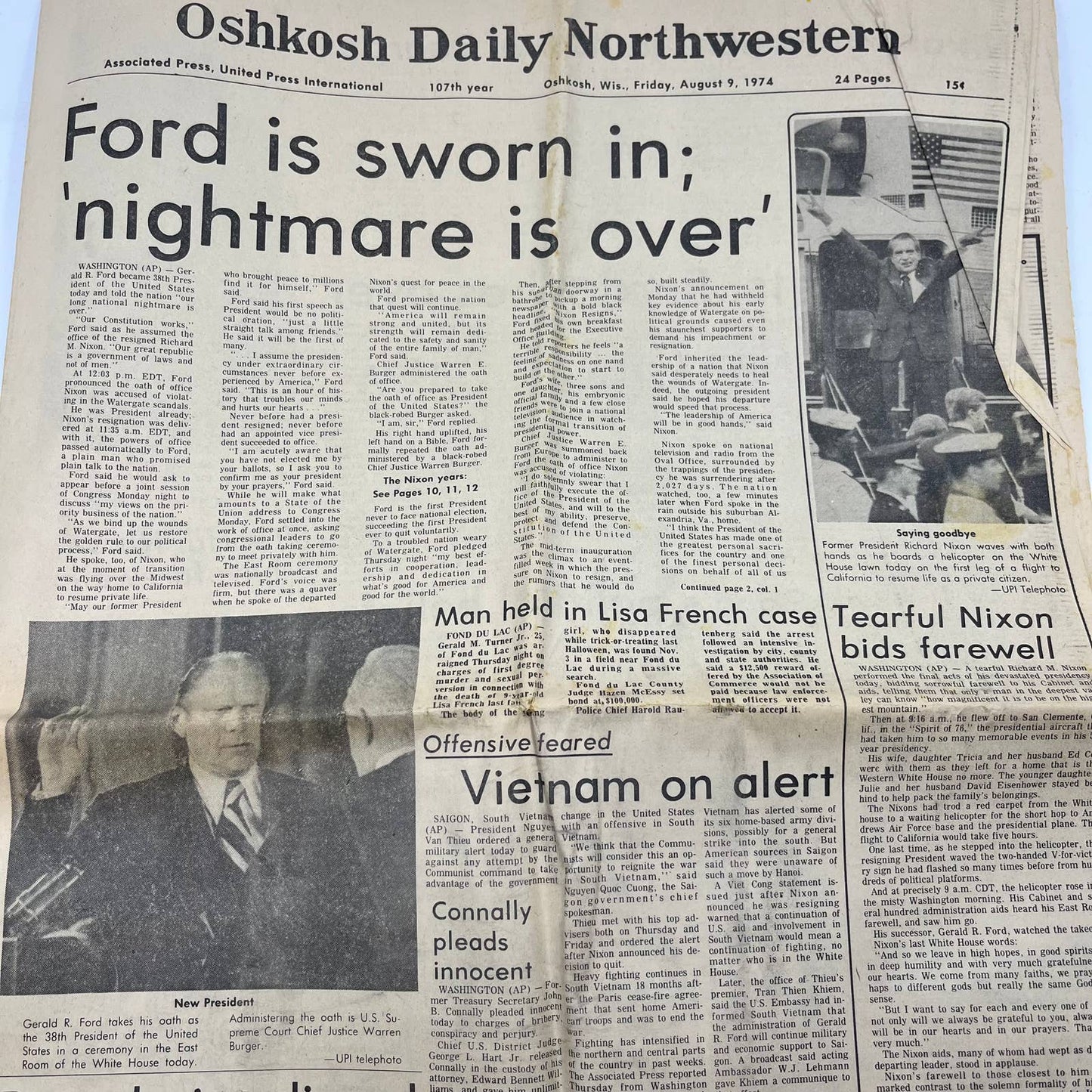 1974 Aug 9 OSHKOSH DAILY NORTHWESTERN Newspaper Nixon to Resign TI6-12