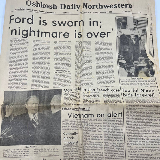 1974 Aug 9 OSHKOSH DAILY NORTHWESTERN Newspaper Nixon to Resign TI6-12