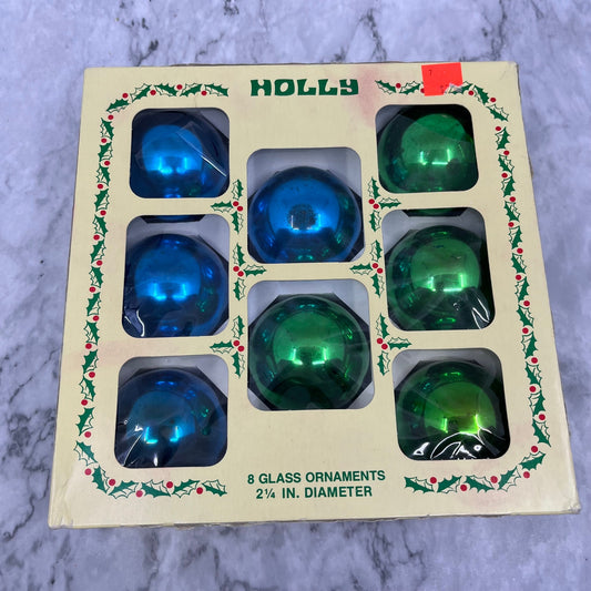 HOLLY 8 Vintage 2 1/4" Mercury Glass Ornaments Original Box Blue Green TK3
