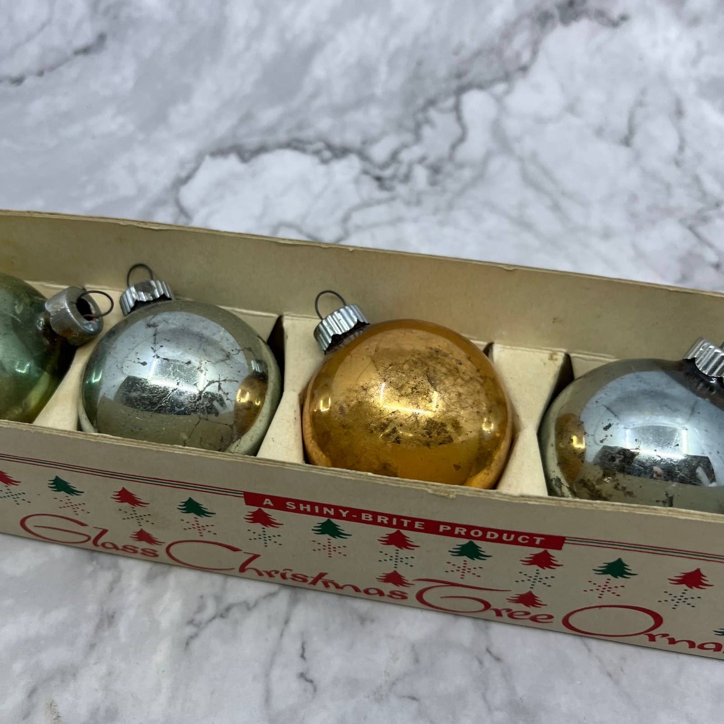 Shiny Brite Vintage Mercury Glass Ornaments Set of 5 in Box Silver Gold 2"