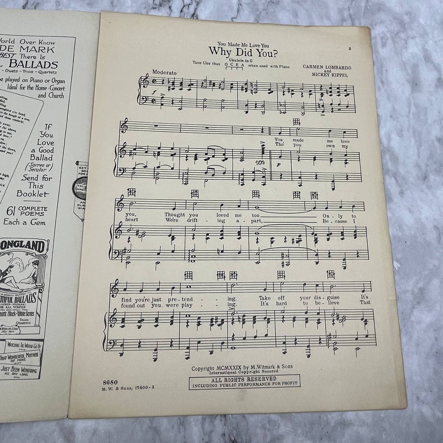 You Made Me Love You, Why Did You Carmen Lombardo 1929 Sheet Music TK2-SM4