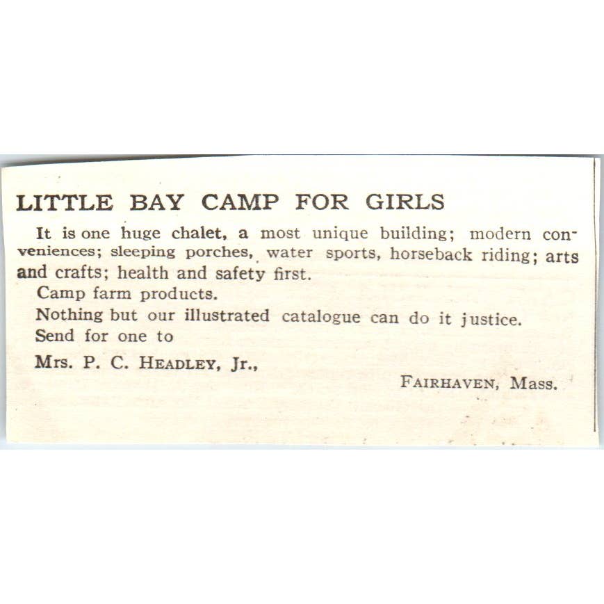 c1920 Harper's Ad - Little Bay Camp for Girls P.C. Headley Jr Fairhaven MA EA3-1