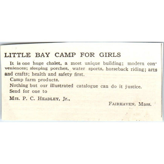c1920 Harper's Ad - Little Bay Camp for Girls P.C. Headley Jr Fairhaven MA EA3-1