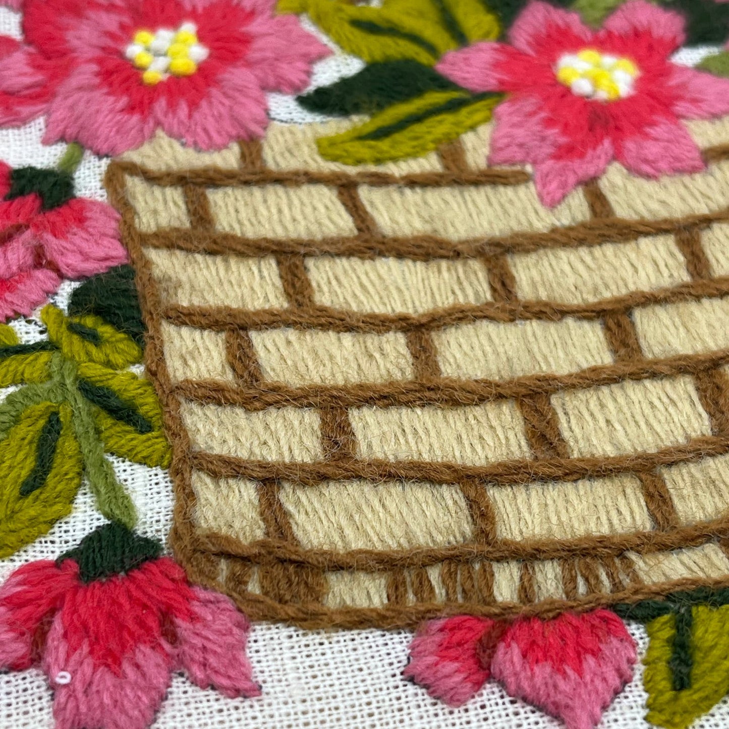 1970s Embroidery Crewel Wall Art Basket Of Pink Flowers Peonies 14.5x11.75"