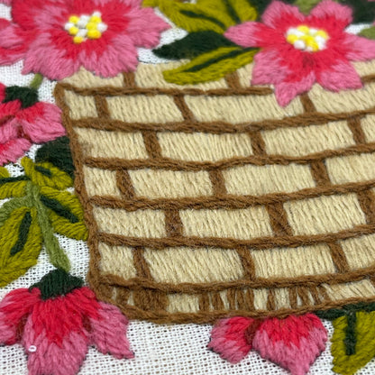 1970s Embroidery Crewel Wall Art Basket Of Pink Flowers Peonies 14.5x11.75"