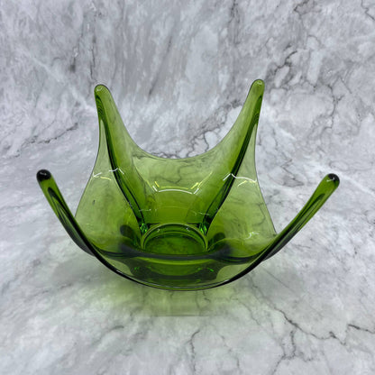 Vintage LE Smith Green Swing Glass MCM Art Glass 4 Finger Candy Dish 5.5x6.5 TD6