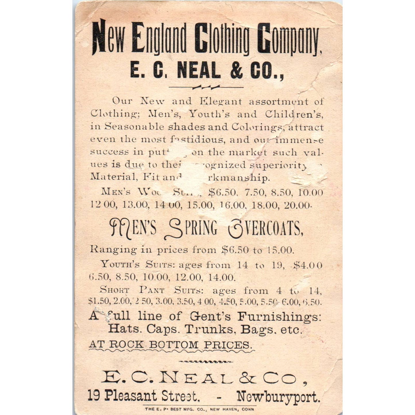 1880s Trade Card New England Clothing Company E.C. Neal & CO Newburyport SE3-3