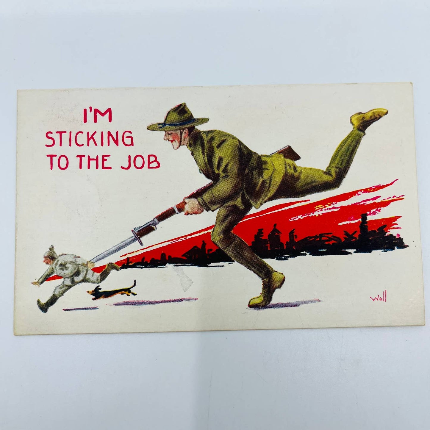 c1918 Postcard WWI Army Soldier Poking German Kaiser w Bayonet Humor PA9