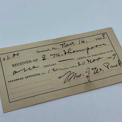 1908 Receipt Subscription to Savannah Reporter, Savannah MO J.W. Paul AA6