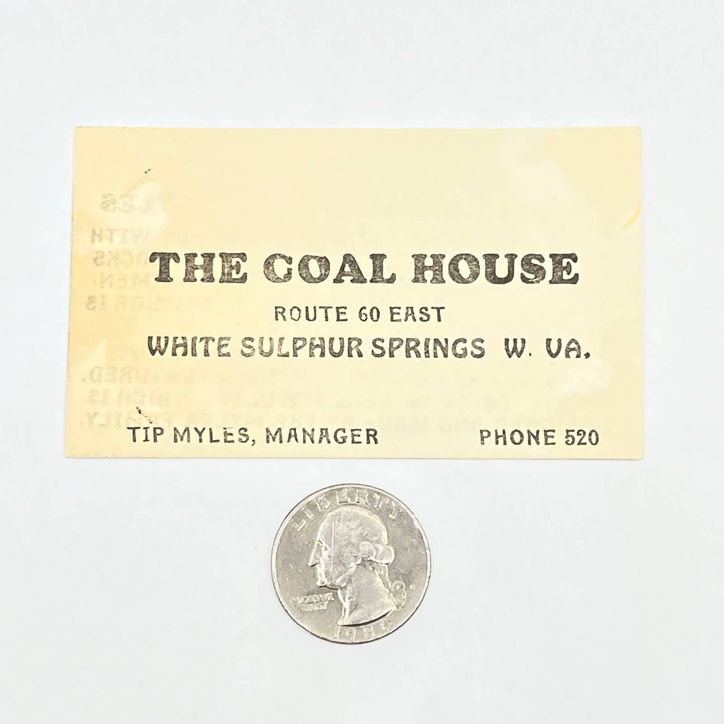 1959 Business Card - The Coal House White Sulphur Springs WV Tip Myles AB6