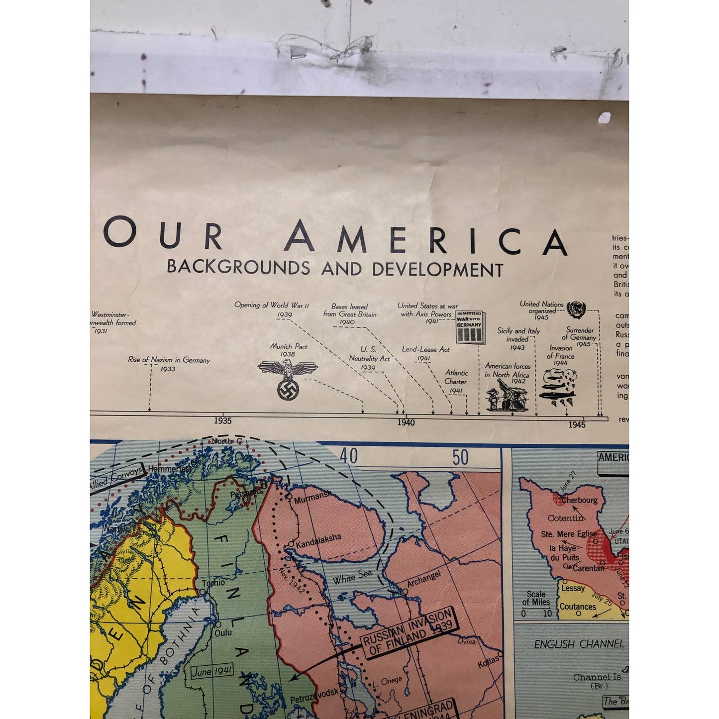 LARGE 1956 Denoyer-Geppert Co Wall Map European Area in World War II 1939 - 1945