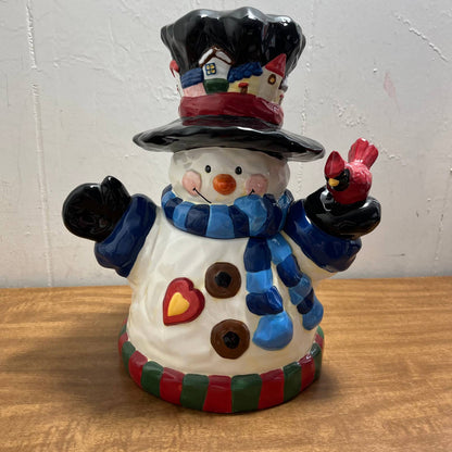 Vintage Snowman With Cardinal Frosty Christmas Holiday 12” Cookie Jar TA7