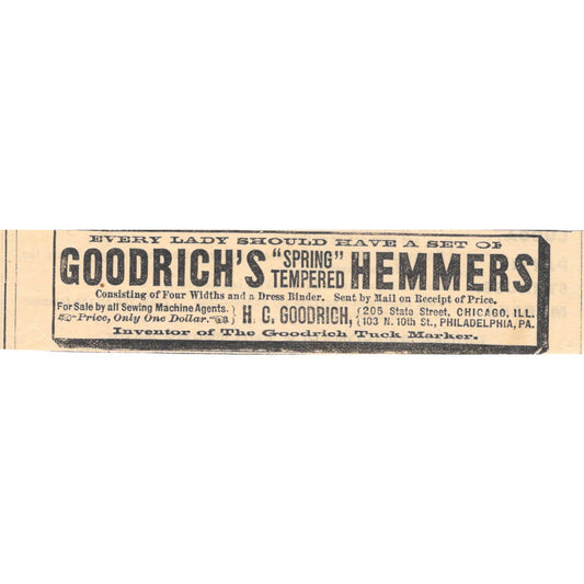 Goodrich's Spring Tempered Hemmers Dress Binder - Victorian Ad 1878 TJ7-L2