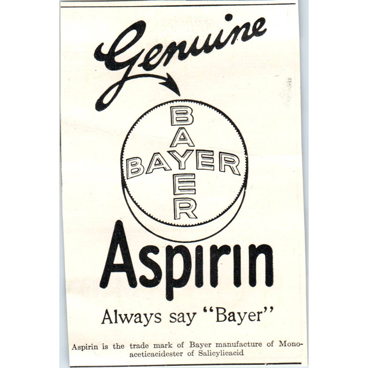 Genuine Bayer Aspirin - 1921 Original Ad TJ7-S