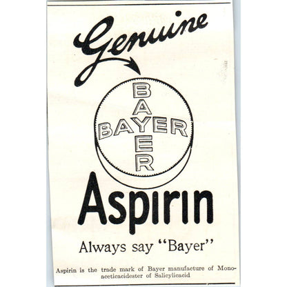 Genuine Bayer Aspirin - 1921 Original Ad TJ7-S