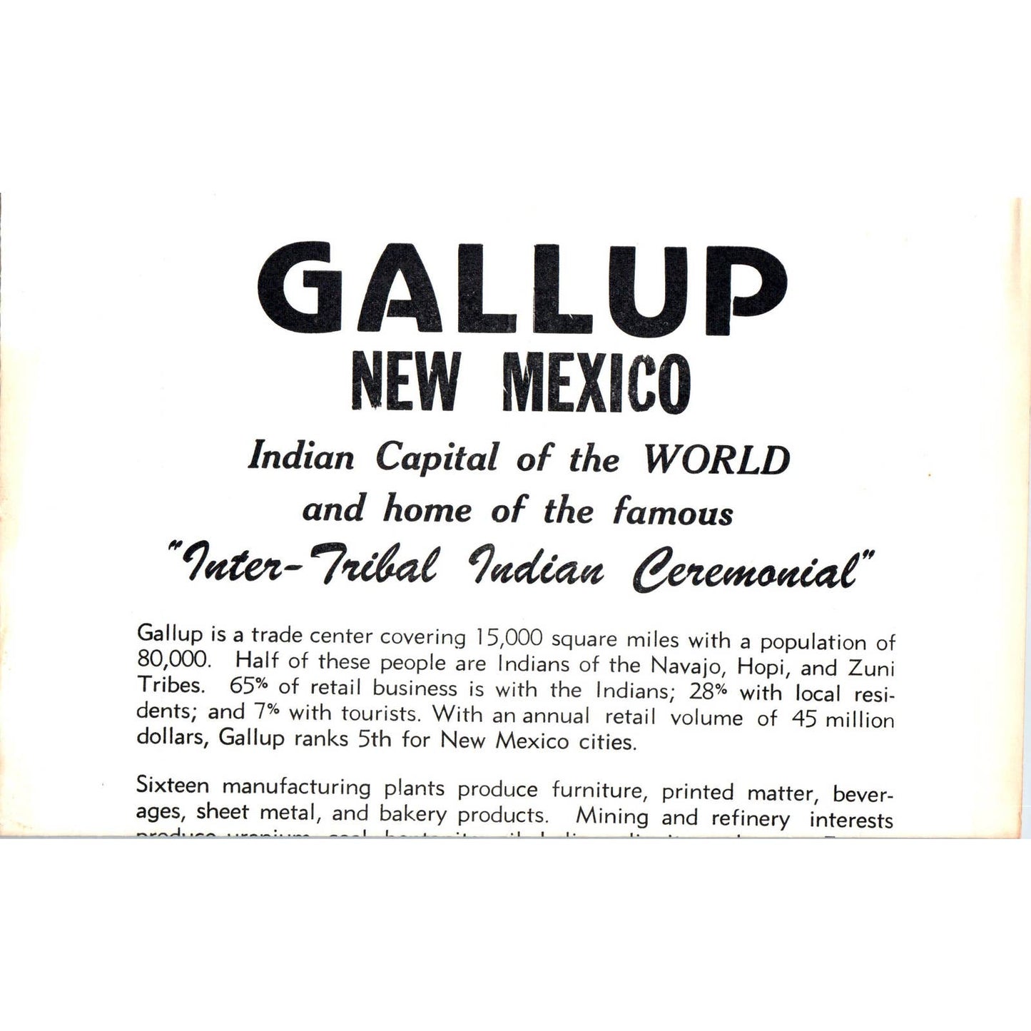 1961 Gallup New Mexico Travel Brochure and Map Indian Capital of the World AD4