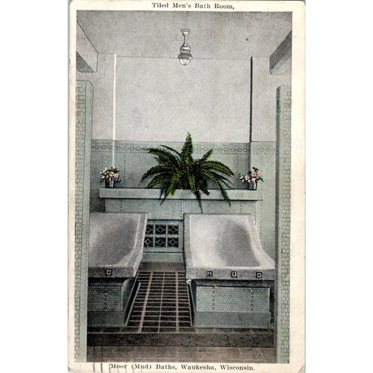 Tiled Men's Bathroom Mud Baths Waukesha WI 1927 Original Postcard TJ9-P3