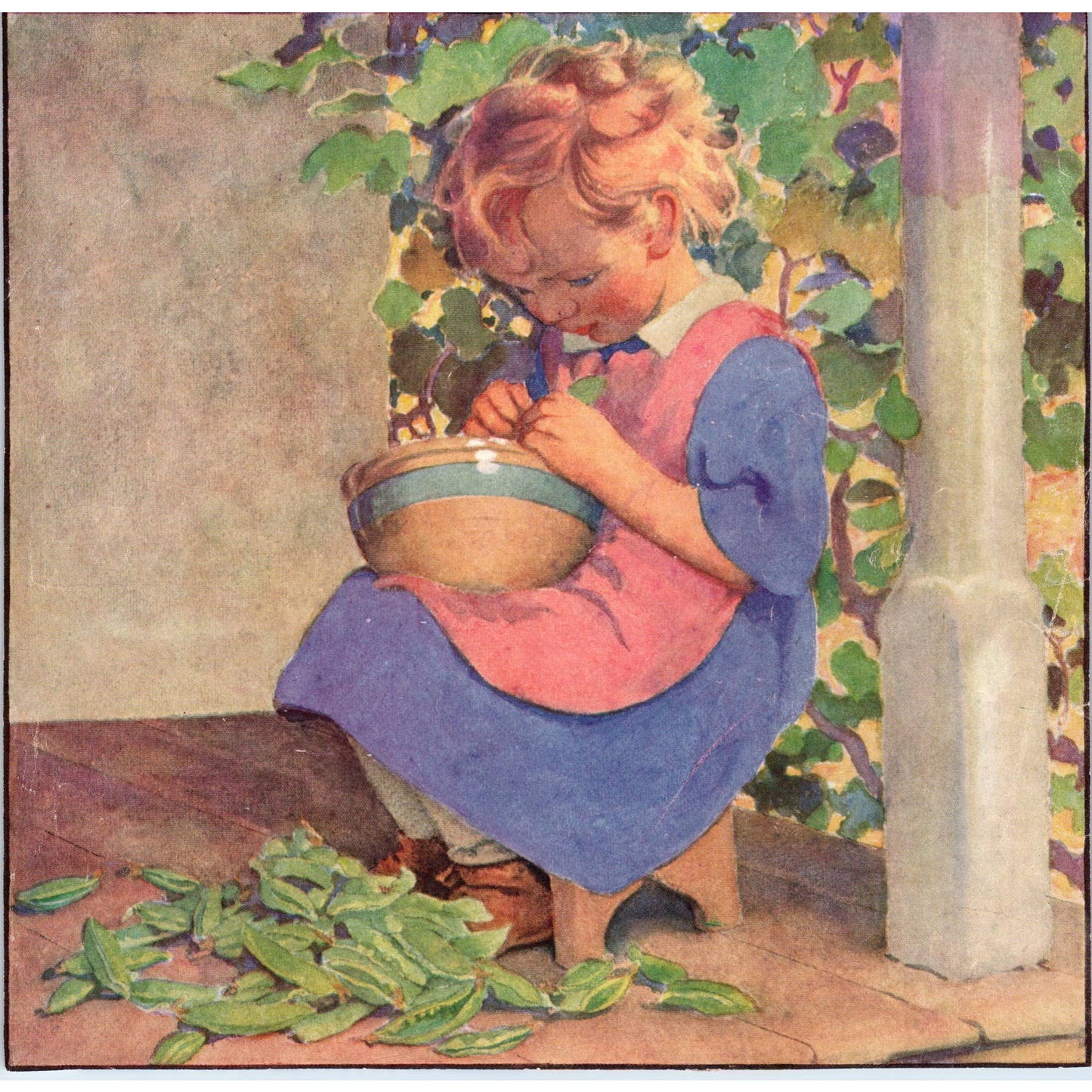 1933 Good Housekeeping Little Girl Sitting Snap Peas Jessie Willcox Smith TJ1-2