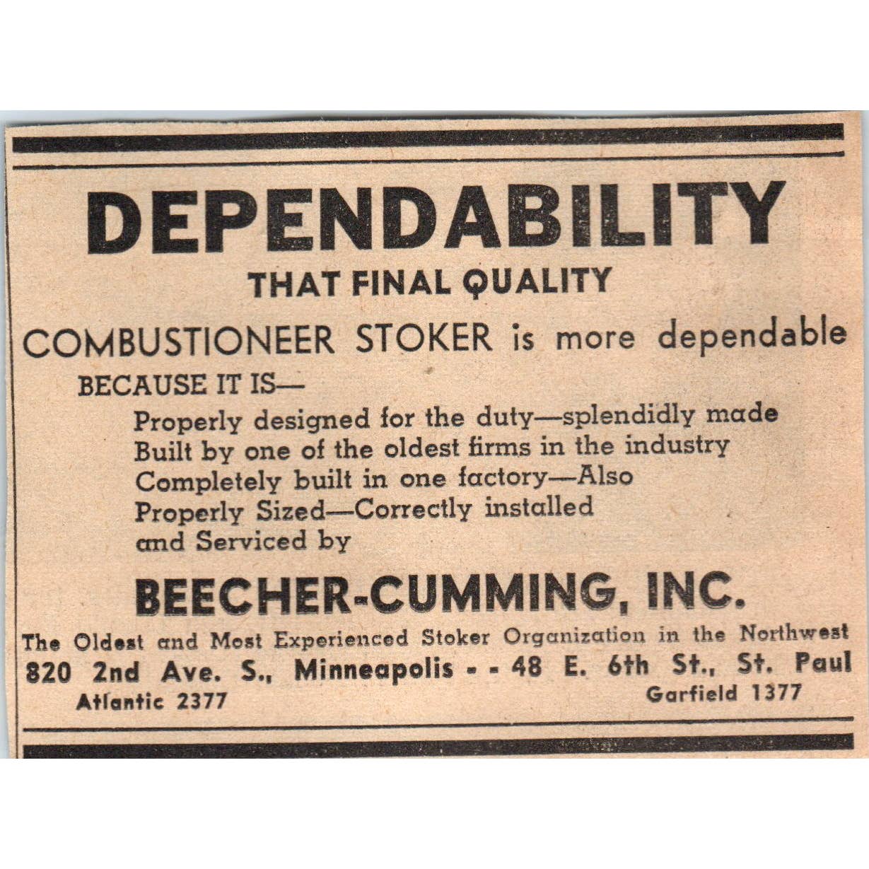 1935 Minneapolis Journal Newspaper Ad Beecher-Cumming Combustioneer Stoker FL5-6