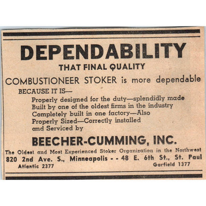 1935 Minneapolis Journal Newspaper Ad Beecher-Cumming Combustioneer Stoker FL5-6