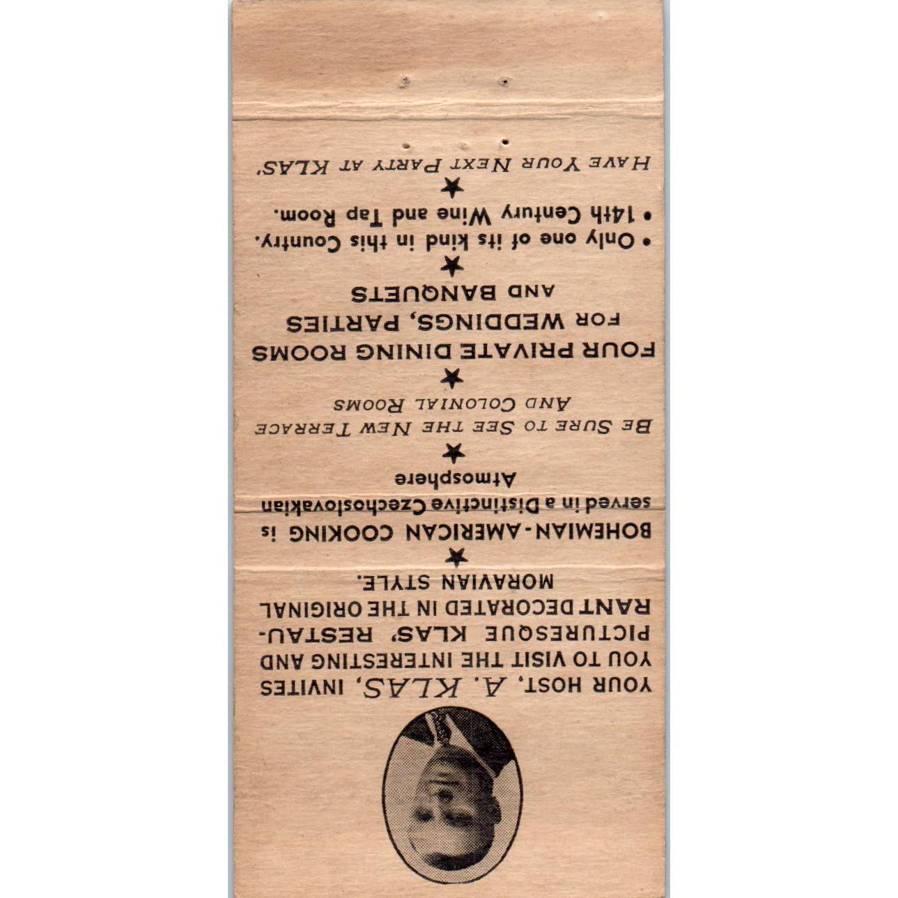 Klas' Restaurant Czech Cicero Illinois Advertising Matchbook Cover SA1-M11