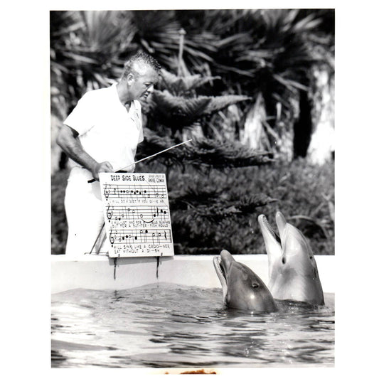 c1960 Press Photo Dolphin Trainer Andre Cowan Marineland Circus NBC TJ7-2