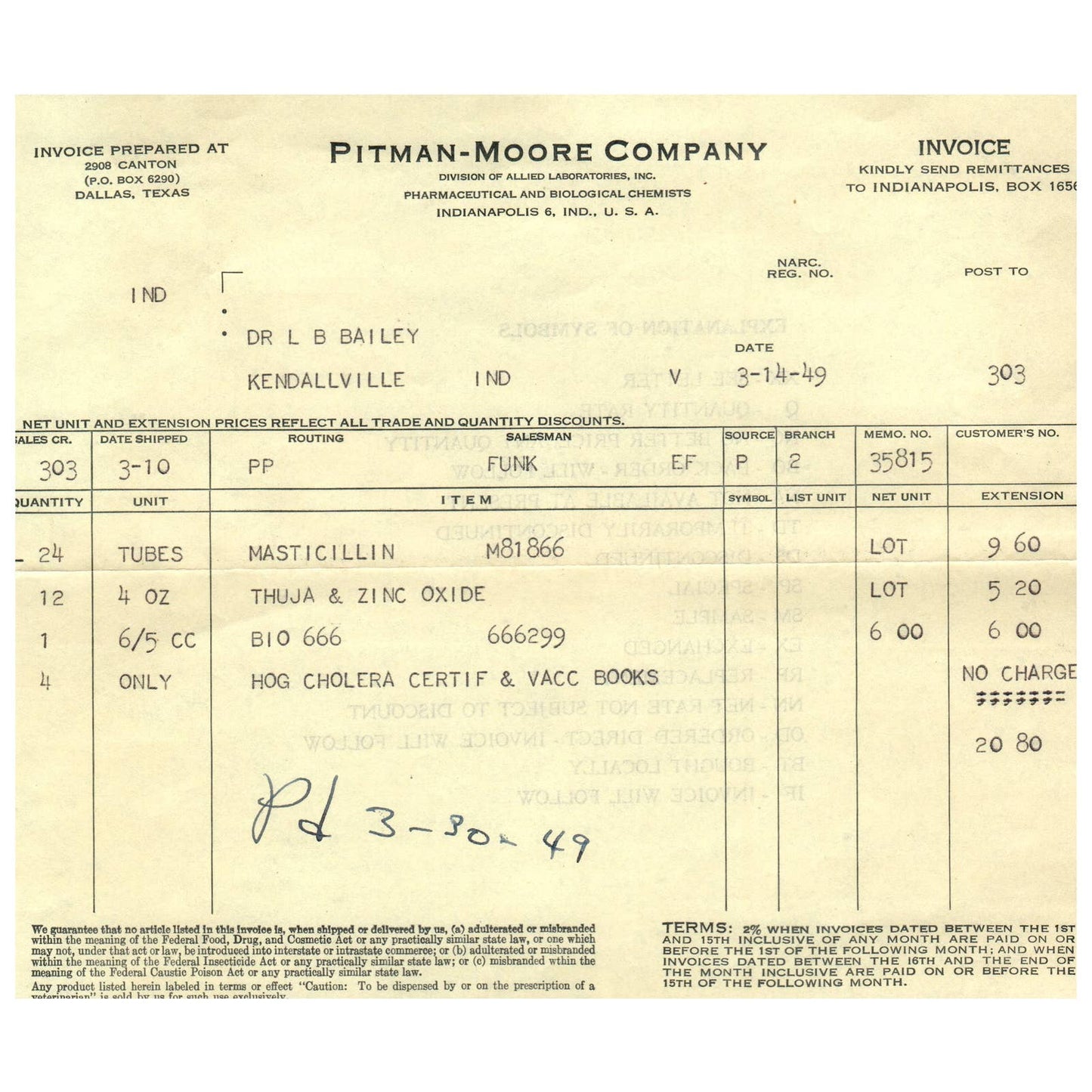 1949 Pitman-Moore Co Veterinary Hog Cholera Receipt Indianapolis IN AD8-1