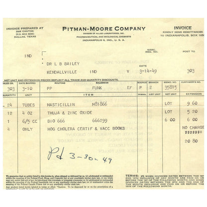 1949 Pitman-Moore Co Veterinary Hog Cholera Receipt Indianapolis IN AD8-1