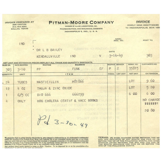 1949 Pitman-Moore Co Veterinary Hog Cholera Receipt Indianapolis IN AD8-1