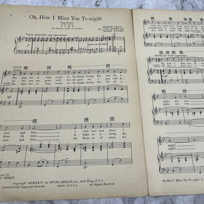 Oh How I Miss You Tonight Irving Berlin Bert Kauff 1924 Sheet Music TK2-SM4