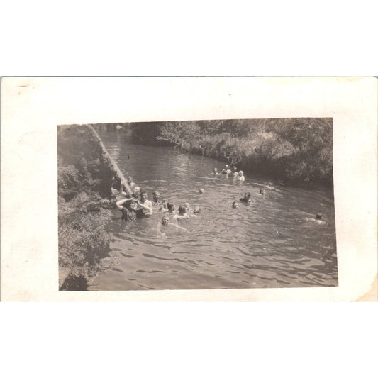 Antique RPPC Postcard Large Group of People Swimming in River SE8