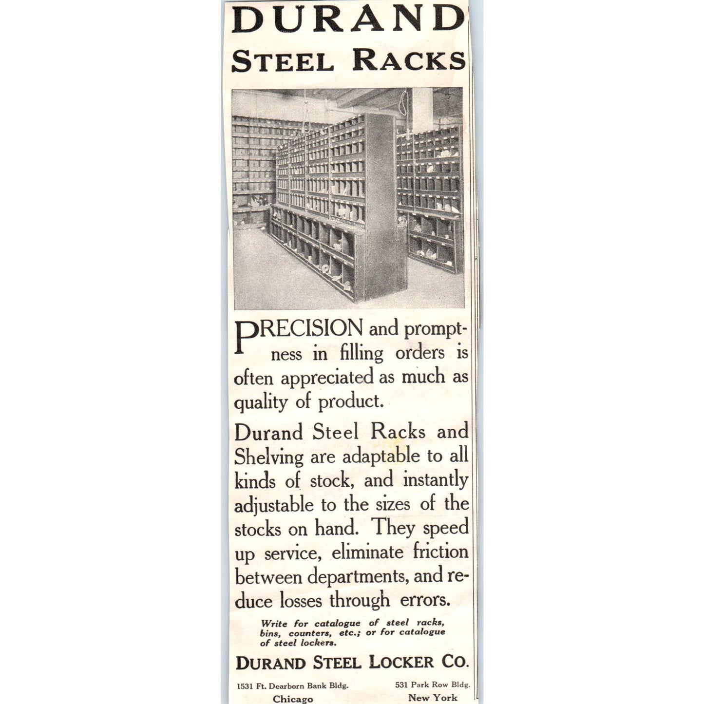 c1920 Harper's Magazine Ad Durand Steel Locker Co. Steel Racks Chicago NY EA3-4