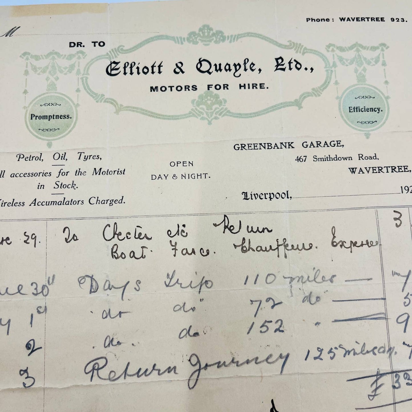 1920 Elliot & Quayle Motors For Hire Wavertree Liverpool England Billhead AA4