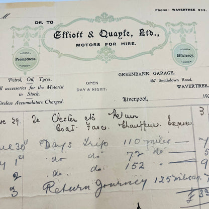 1920 Elliot & Quayle Motors For Hire Wavertree Liverpool England Billhead AA4