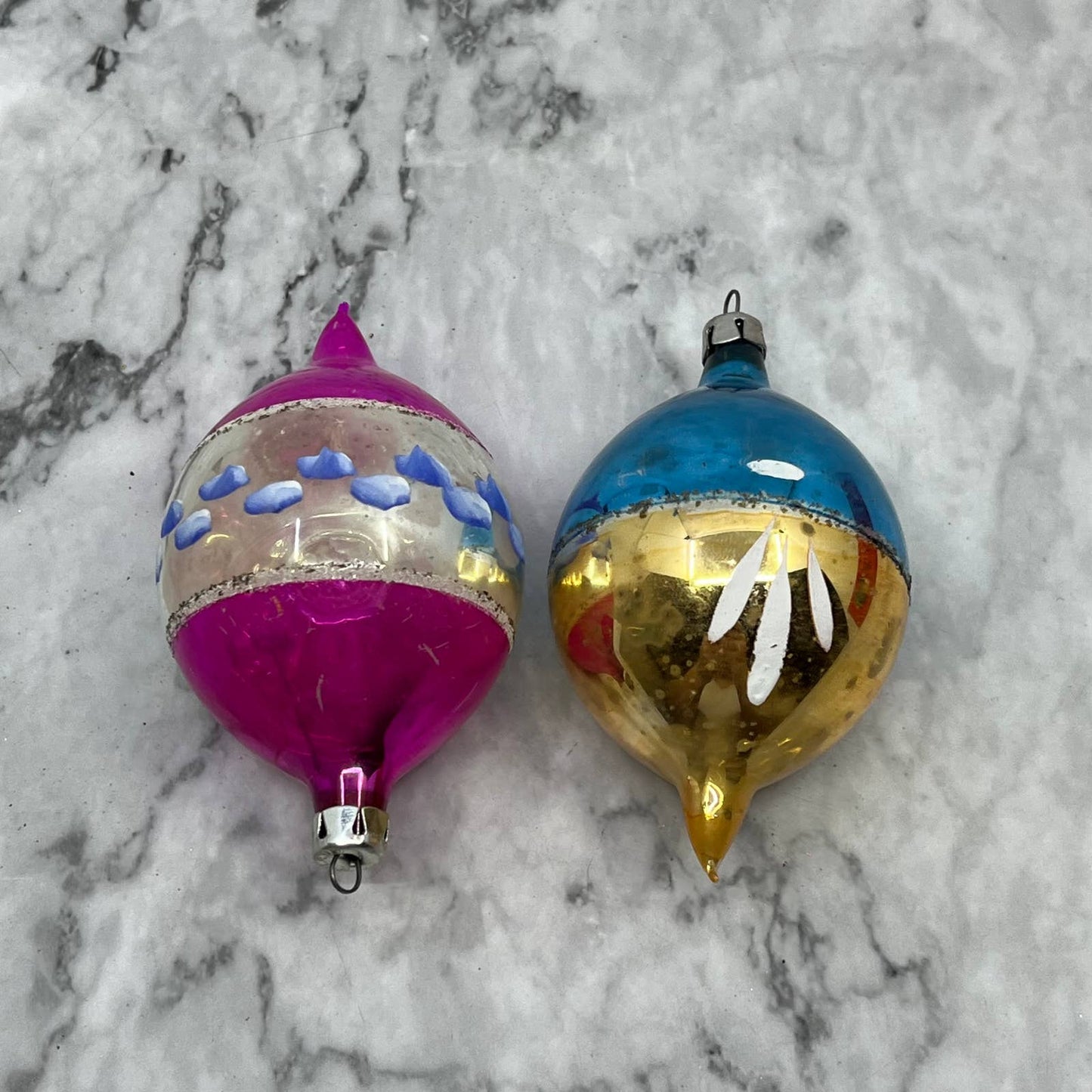 Lot of 2 POLAND Recessed Teardrop Mica Stencil Blown Mercury Glass Ornaments OT2