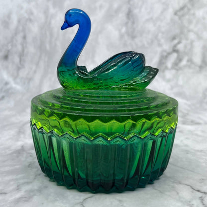 1950s Jeanette Blue Green Ombre Glass Swan Covered Powder Jar Dish TD6