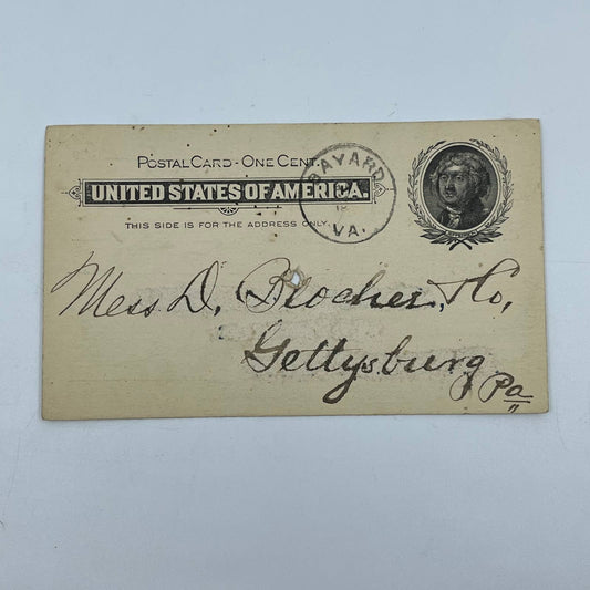 1899 Postal Card Bayard Virginia to Gettysburg Pennsylvania SC5