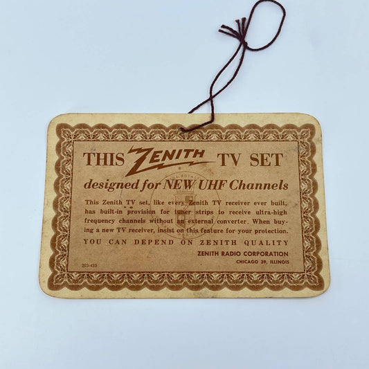 1950s ZENITH Television TV Set Showroom String Hang Tag AA7