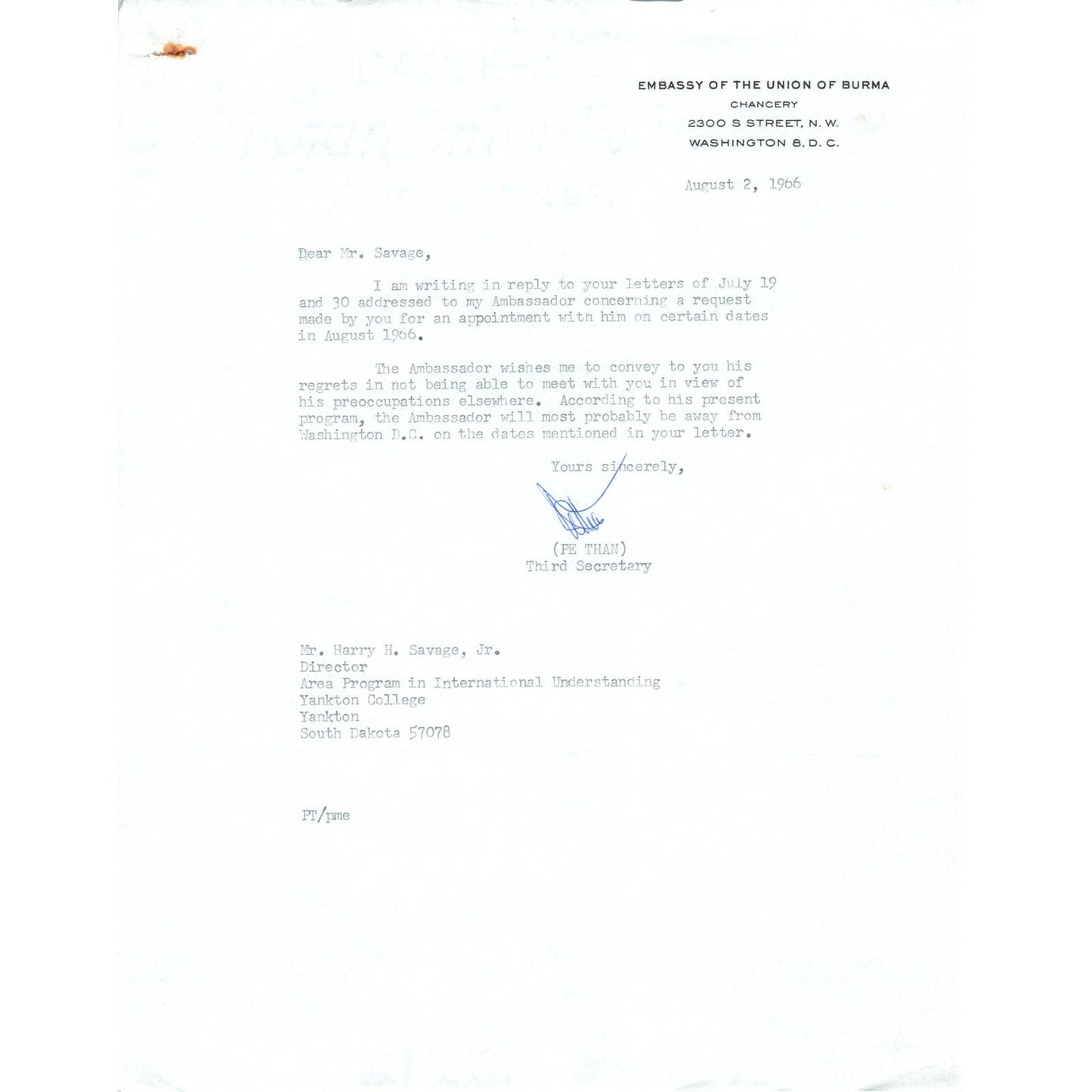 Embassy of the Union of Burma Official Letterhead Memo Pe Than 8/2/66 TK1-P10